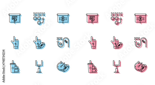 Set line American Football ticket and paper glass soda with drinking straw, Planning strategy concept, stopwatch, Number 1 one fan hand glove finger raised american, and icon. Vector