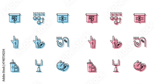 Set line American Football ticket and paper glass soda with drinking straw, Planning strategy concept, stopwatch, Number 1 one fan hand glove finger raised american, and icon. Vector