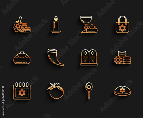 Set line Jewish calendar with star of david, Pomegranate, Hanukkah dreidel and coin, Balloons ribbon, kippah, Traditional ram horn, shofar, and Tombstone icon. Vector