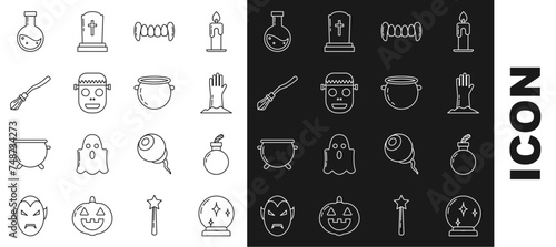 Set line Magic ball, Bomb ready to explode, Zombie hand, Vampire teeth, mask, Witches broom, Bottle with potion and Halloween witch cauldron icon. Vector