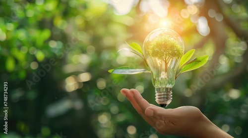 Developer hand holding light bulb of growth tree on blurred green nature background