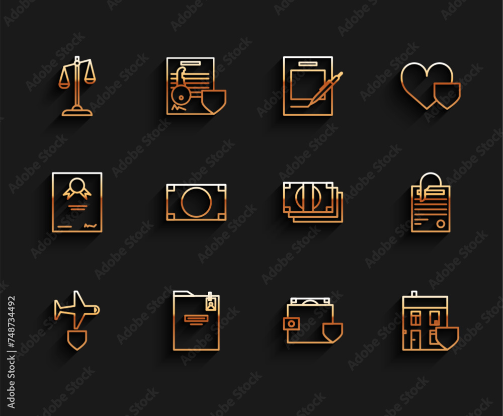 Set line Plane with shield, Personal folder, Scales of justice, Wallet and money, House, Stacks paper cash, File document clip and icon. Vector Set line Plane with shield, Personal folder, Scales of justice, Wallet and money, House, Stacks paper cash, File document clip and icon. Vector