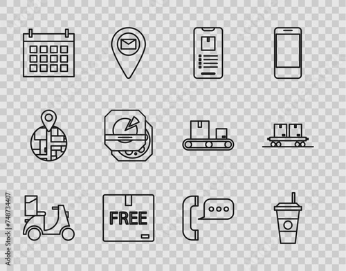 Set line Scooter delivery, Coffee cup, Mobile phone with app tracking, Cardboard box free symbol, Calendar, Pizza cardboard, Telephone speech bubble chat and Railway carriage icon. Vector