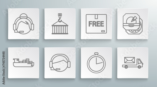 Set line Cargo ship with boxes delivery service, Container on crane, Support operator touch, Stopwatch, Post truck, Cardboard free symbol, Pizza cardboard and icon. Vector