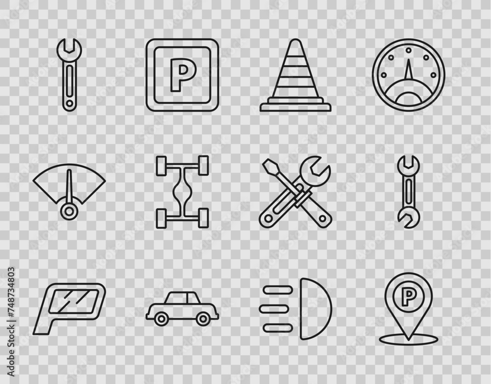 Set line Car mirror, Location with parking, Traffic cone, Wrench, Chassis car, High beam and icon. Vector Set line Car mirror, Location with parking, Traffic cone, Wrench, Chassis car, High beam and icon. Vector