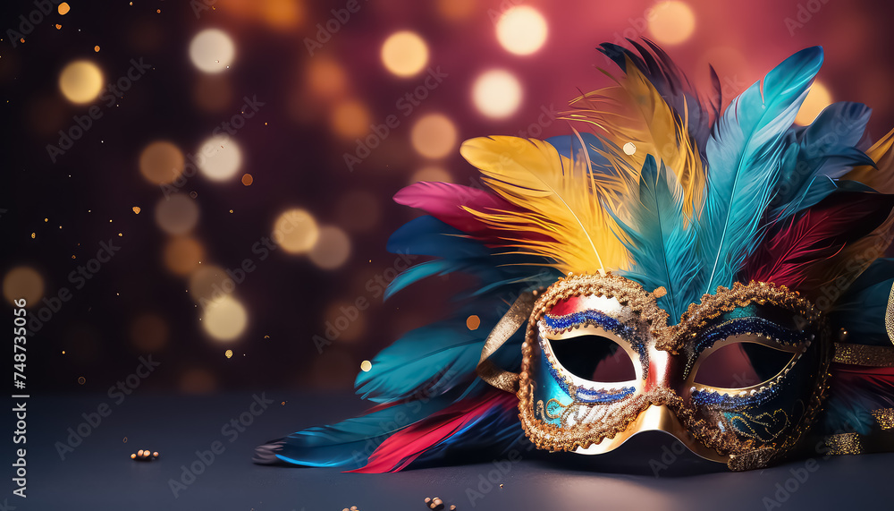 Venetian mask with feathers with rainbow colors ,concept carnival