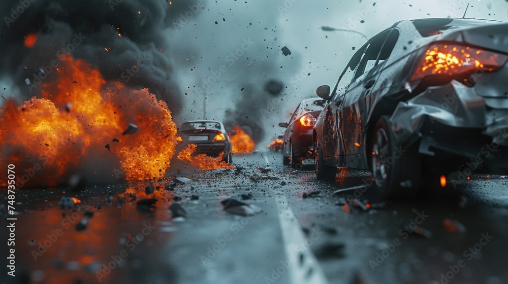 Car explosion and fire on the road. - obrazy, fototapety, plakaty 