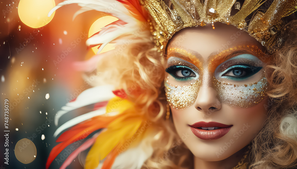 European woman with feathers on her head and bright makeup ,concept carnival