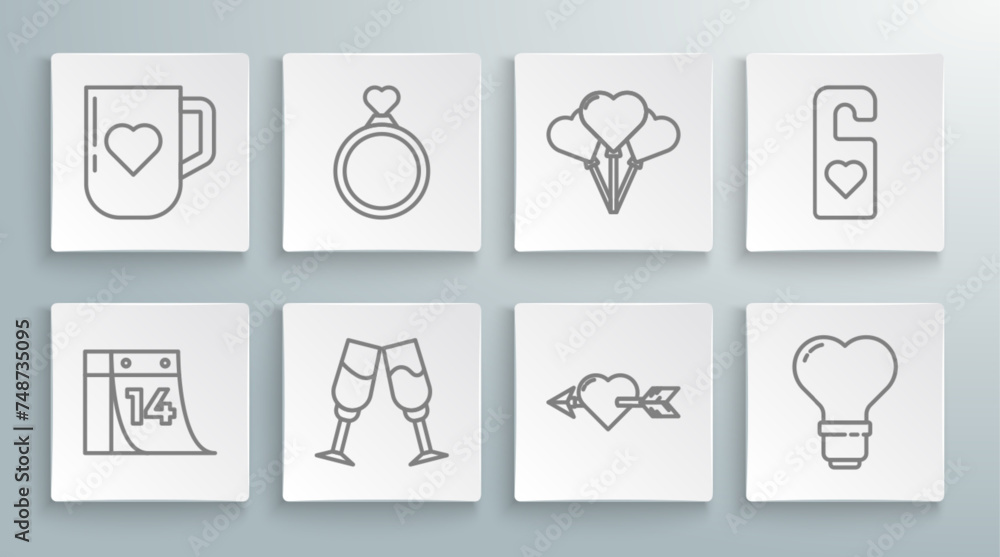 Set line Calendar with February 14, Wedding rings, Glass of champagne, Amour heart and arrow, Heart shape light bulb, Balloons form, Please do not disturb and Coffee cup icon. Vector Set line Calendar with February 14, Wedding rings, Glass of champagne, Amour heart and arrow, Heart shape light bulb, Balloons form, Please do not disturb and Coffee cup icon. Vector
