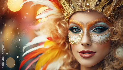 European woman with feathers on her head and bright makeup ,concept carnival