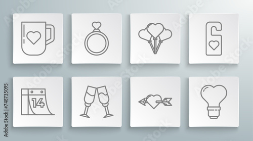 Set line Calendar with February 14, Wedding rings, Glass of champagne, Amour heart and arrow, Heart shape light bulb, Balloons form, Please do not disturb and Coffee cup icon. Vector