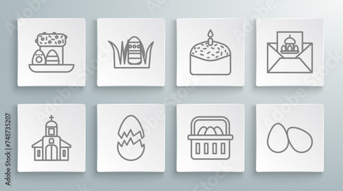 Set line Church building, Easter egg, Broken, Basket with easter eggs, cake and candle, Greeting card Happy and icon. Vector