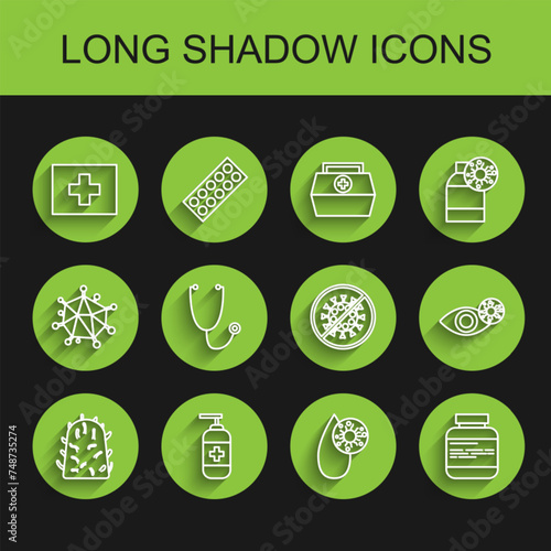 Set line Rabies virus, Bottle of liquid antibacterial soap, First aid kit, Blood test and, Medicine bottle pills, Stethoscope, Reddish eye due to and Stop icon. Vector