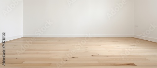 An empty room featuring a wooden floor and white walls. The space appears unoccupied with a simple yet elegant design.