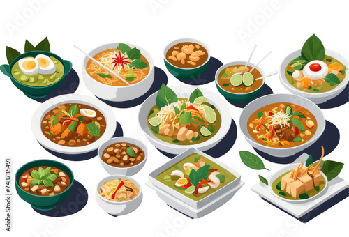 Set of Thai Food on isolated on transparent png background. Generative ai	
