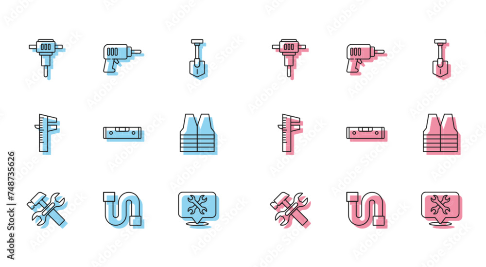 Set line Hammer and wrench, Industry pipe, Construction jackhammer, Location with, bubble level, Safety vest, Calliper or caliper scale and Electric drill machine icon. Vector Set line Hammer and wrench, Industry pipe, Construction jackhammer, Location with, bubble level, Safety vest, Calliper or caliper scale and Electric drill machine icon. Vector