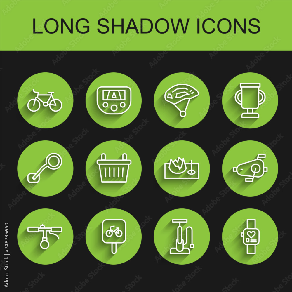Set line Bicycle handlebar, parking, air pump, Smart watch, basket, pedals and on street ramp icon. Vector Set line Bicycle handlebar, parking, air pump, Smart watch, basket, pedals and on street ramp icon. Vector