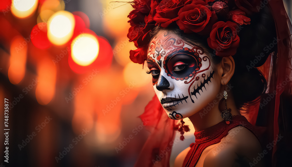 Woman with sugar skull makeup on a floral background.