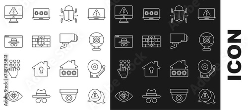 Set line Exclamation mark in triangle, Ringing alarm bell, Security camera, System bug, Shield with brick wall, Browser incognito window, Monitor exclamation and icon. Vector