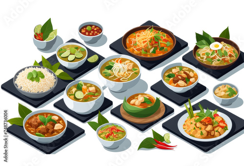 Set of Thai Food on isolated on transparent png background. Generative ai 