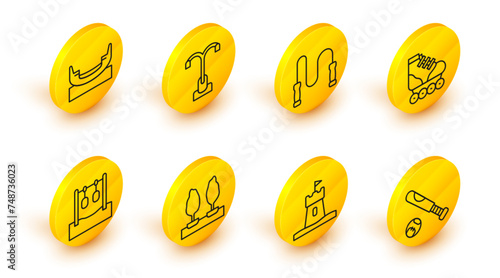 Set line Baseball bat with ball, Sand tower, Forest, Gymnastic rings, Roller skate, Jump rope, Street light and Boat swing icon. Vector
