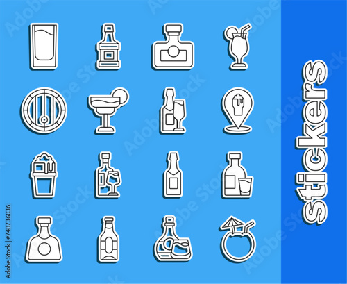 Set line Coconut cocktail, Bottle of vodka with glass, Alcohol or beer bar location, drink Rum, Cocktail, Wooden barrel, Shot and Champagne bottle and icon. Vector