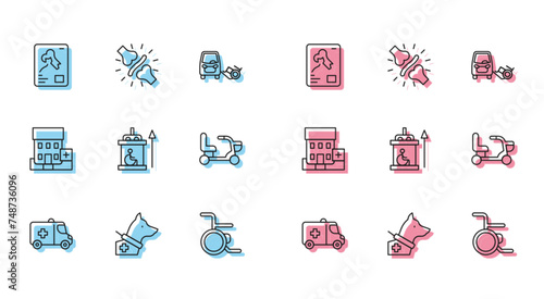 Set line Emergency car, Guide dog, X-ray shots, Wheelchair, Elevator for disabled, Electric wheelchair, Medical hospital building and Joint pain, knee pain icon. Vector