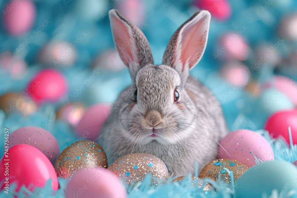 Pink and blue Easter background with bunny and colored eggs. Generative AI Pink and blue Easter background with bunny and colored eggs. Generative AI