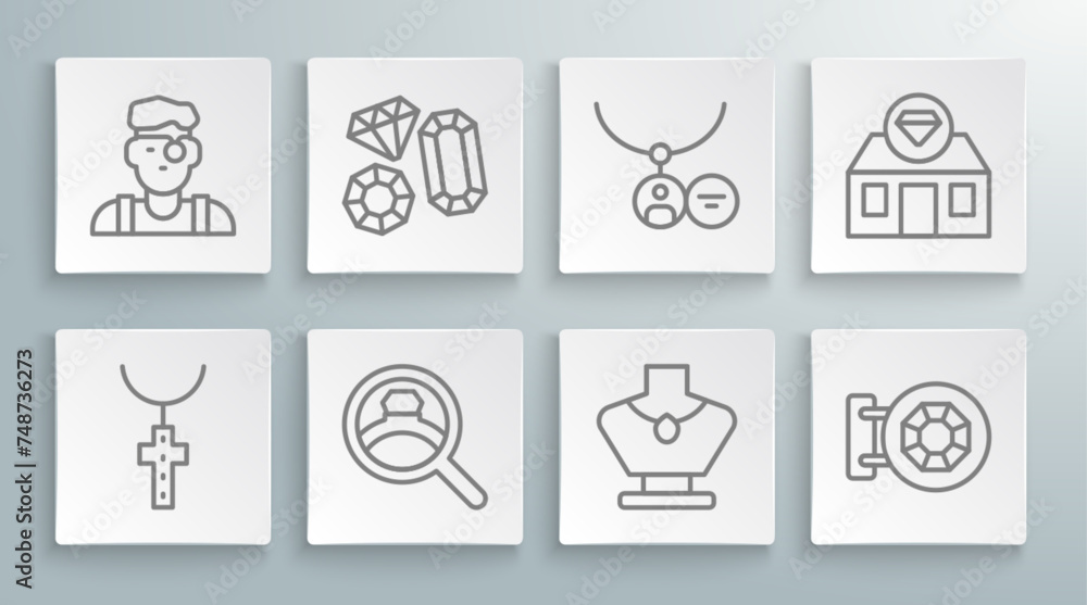 Set line Christian cross on chain, Gem stone, Diamond engagement ring, Necklace mannequin, Jewelry store, Locket necklace, and Jeweler icon. Vector Set line Christian cross on chain, Gem stone, Diamond engagement ring, Necklace mannequin, Jewelry store, Locket necklace, and Jeweler icon. Vector