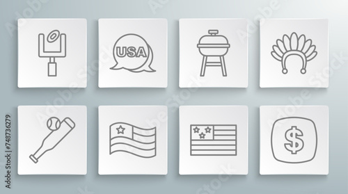 Set line Baseball bat with ball, USA Independence day, American flag, Dollar symbol, Barbecue grill, Indian headdress feathers and football goal post icon. Vector