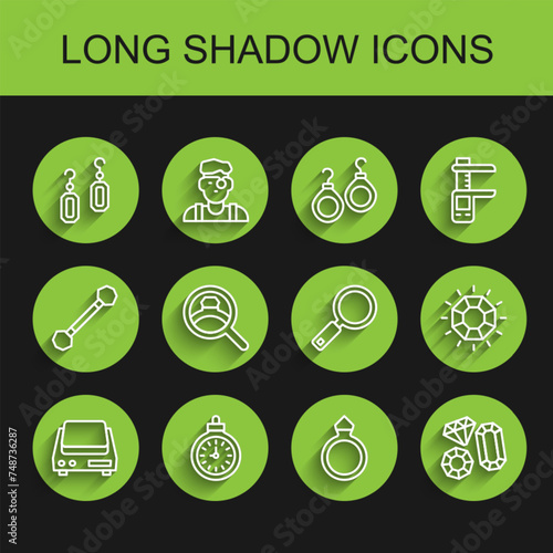 Set line Electronic jewelry scales, Pocket watch, Earrings, Diamond engagement, Gem stone, and Magnifying glass icon. Vector
