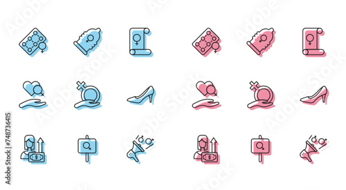Set line Money growth woman, Feminist activist, Packaging of birth control pills, Female gender, Woman shoe, Heart with female and Condom icon. Vector