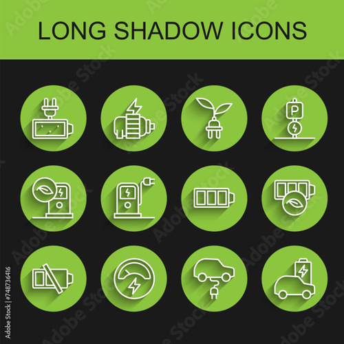 Set line Low battery, Voltmeter, Battery charge, Electric car, charging station, Eco nature leaf and icon. Vector
