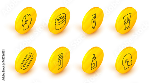 Set line Mustache and beard, Oil bottle, Shaving gel foam, Blade razor, brush, Hair clipper, Gel wax for hair styling and Baldness icon. Vector