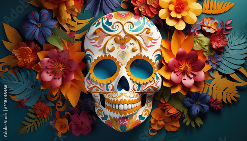Skull with flowers during the Day of the Dead in Mexico