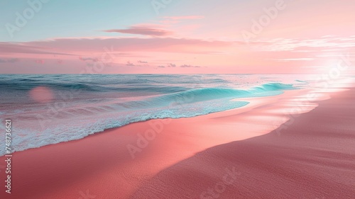 Sunset hues bathe tranquil beachscape in soft pinks and blues, serene ocean view