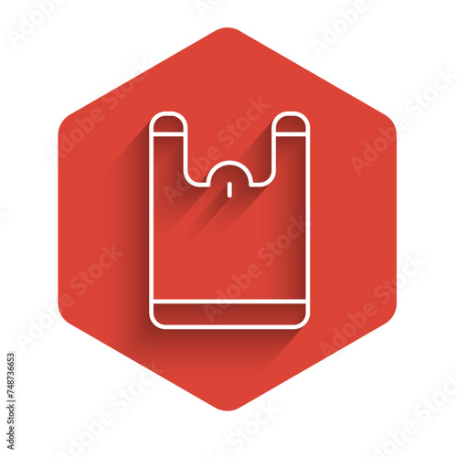 White line Plastic bag icon isolated with long shadow. Disposable cellophane and polythene package prohibition sign. Red hexagon button. Vector