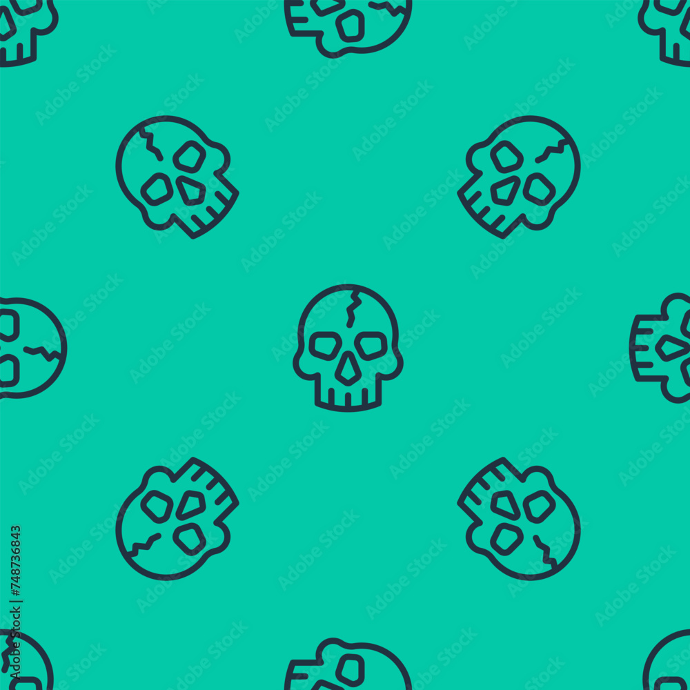 Blue line Skull icon isolated seamless pattern on green background. Pirate captain. Happy Halloween party. Vector Blue line Skull icon isolated seamless pattern on green background. Pirate captain. Happy Halloween party. Vector