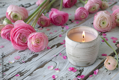 Pink flowers with lit candles on white wooden table in Scandinavian style