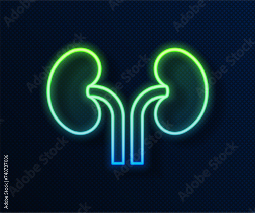 Glowing neon line Human kidneys icon isolated on blue background. Vector