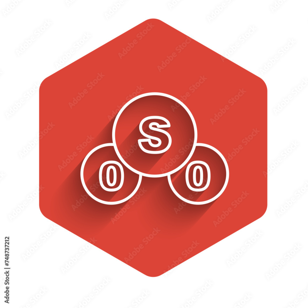 White line Sulfur dioxide SO2 gas molecule icon isolated with long shadow background. Structural chemical formula and molecule model. Red hexagon button. Vector White line Sulfur dioxide SO2 gas molecule icon isolated with long shadow background. Structural chemical formula and molecule model. Red hexagon button. Vector