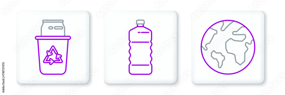 Set line Earth globe, Recycle bin with recycle symbol and can and Plastic bottle icon. Vector Set line Earth globe, Recycle bin with recycle symbol and can and Plastic bottle icon. Vector