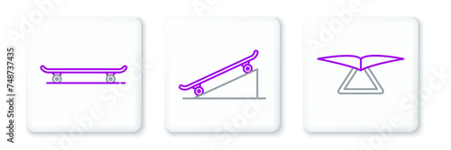 Set line Hang glider, Skateboard and on street ramp icon. Vector