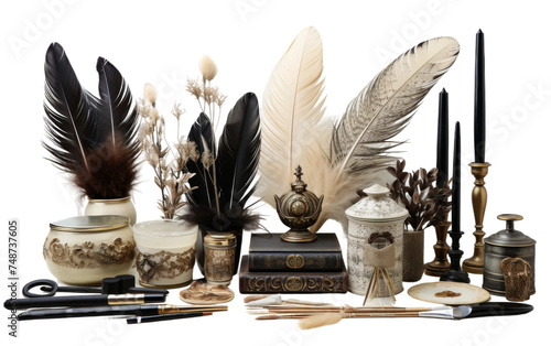 Antique Quill Pens and Inkwells Collection on transparent background photo