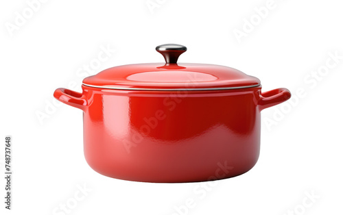A red pot with a lid sits. The pot appears to be empty and is in good condition with no visible damage. The lid is securely in place atop the pot, creating a cohesive and functional kitchen item.