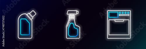 Set line Washer, Plastic bottles for liquid dishwashing liquid and Cleaning spray with detergent icon. Glowing neon. Vector