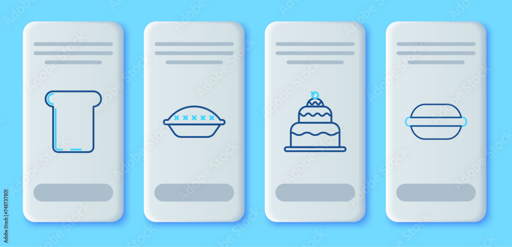 Set line Homemade pie, Cake, Bread toast and Macaron cookie icon. Vector