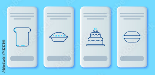 Set line Homemade pie, Cake, Bread toast and Macaron cookie icon. Vector