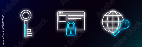 Set line Globe key, Key and Secure your site with HTTPS, SSL icon. Glowing neon. Vector