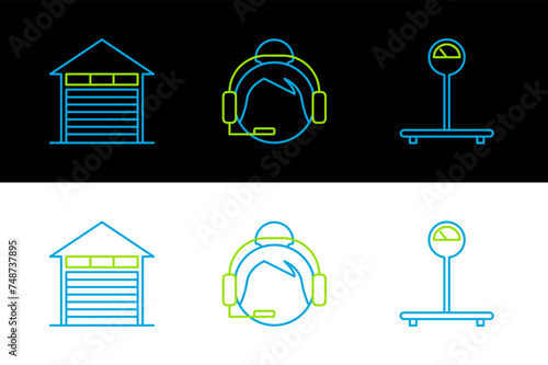 Set line Scale, Closed warehouse and Support operator in touch icon. Vector